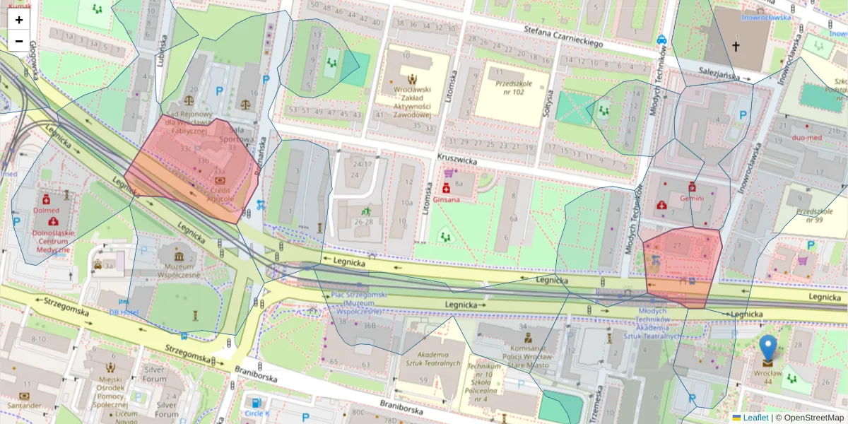Szczegółowa mapa kodu pocztowego 53-672 z granicami, sąsiednimi kodami pocztowymi i urzędami pocztowymi