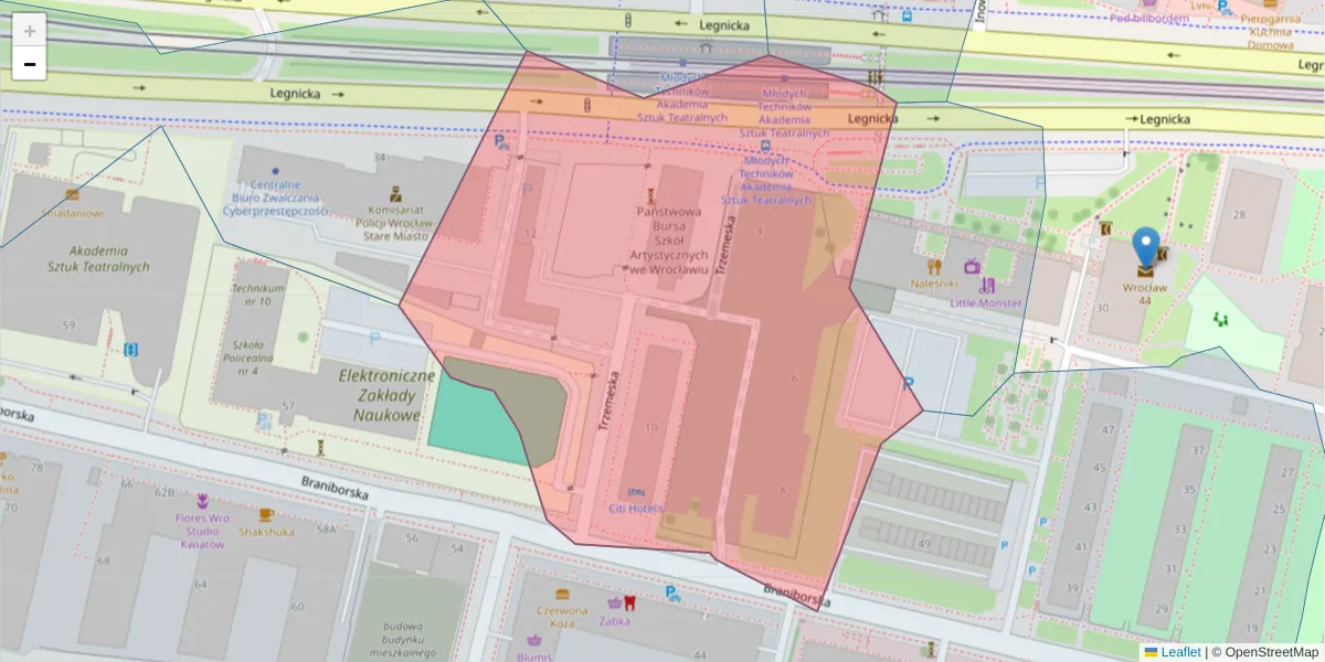 Szczegółowa mapa kodu pocztowego 53-679 z granicami, sąsiednimi kodami pocztowymi i urzędami pocztowymi