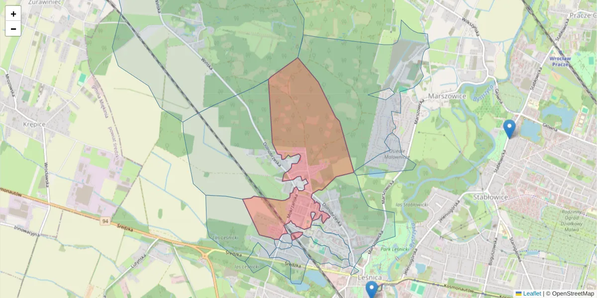 Szczegółowa mapa kodu pocztowego 54-020 z granicami, sąsiednimi kodami pocztowymi i urzędami pocztowymi