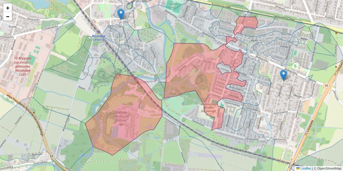Szczegółowa mapa kodu pocztowego 54-029 z granicami, sąsiednimi kodami pocztowymi i urzędami pocztowymi