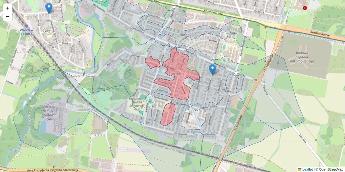 Szczegółowa mapa kodu pocztowego 54-030 z granicami, sąsiednimi kodami pocztowymi i urzędami pocztowymi