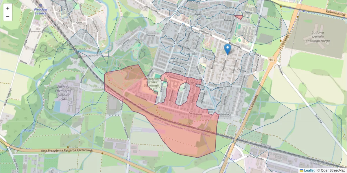Szczegółowa mapa kodu pocztowego 54-031 z granicami, sąsiednimi kodami pocztowymi i urzędami pocztowymi