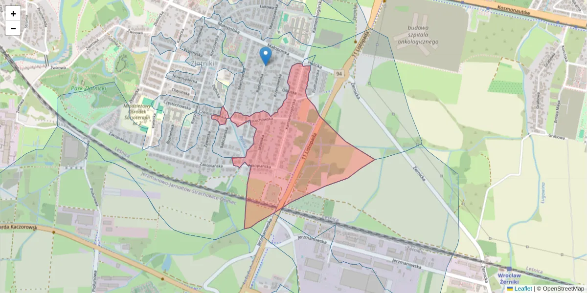 Szczegółowa mapa kodu pocztowego 54-033 z granicami, sąsiednimi kodami pocztowymi i urzędami pocztowymi