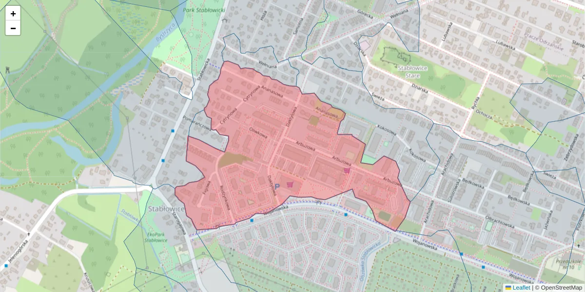 Szczegółowa mapa kodu pocztowego 54-054 z granicami, sąsiednimi kodami pocztowymi i urzędami pocztowymi