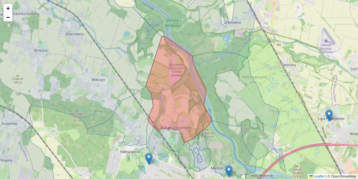 Szczegółowa mapa kodu pocztowego 54-067 z granicami, sąsiednimi kodami pocztowymi i urzędami pocztowymi