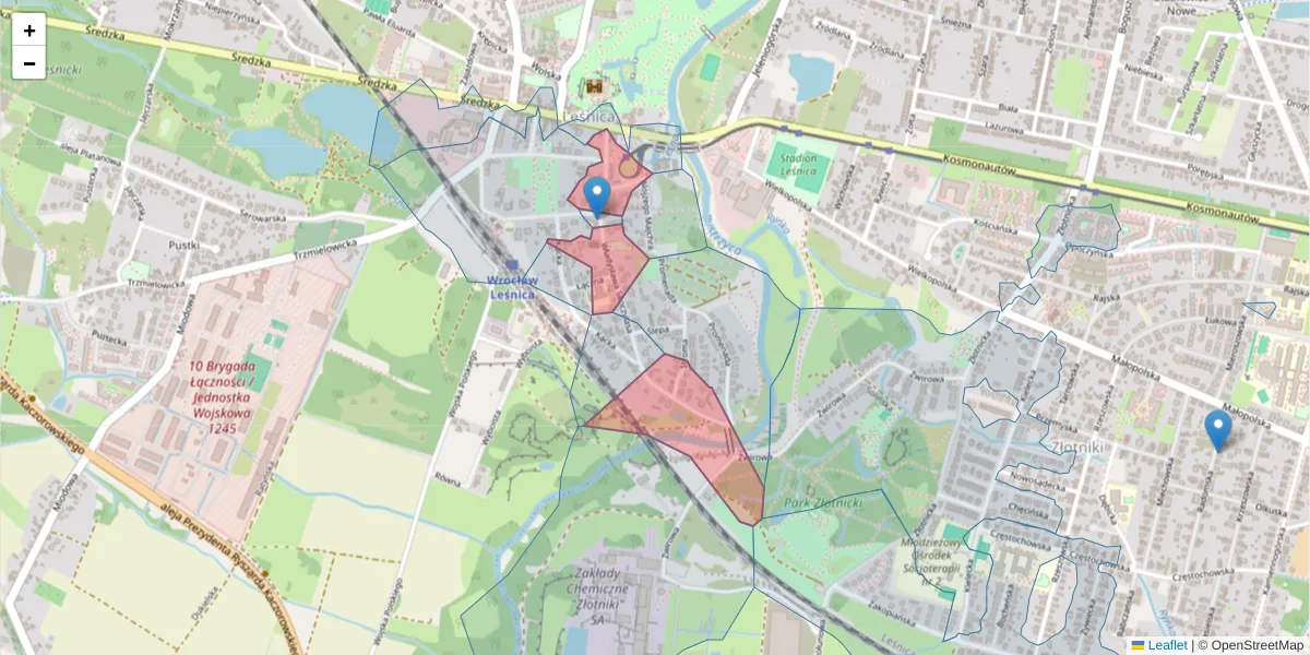 Szczegółowa mapa kodu pocztowego 54-071 z granicami, sąsiednimi kodami pocztowymi i urzędami pocztowymi