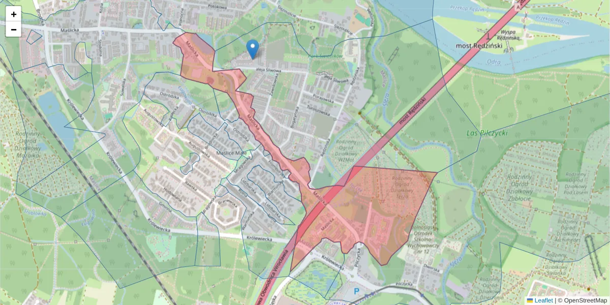 Szczegółowa mapa kodu pocztowego 54-107 z granicami, sąsiednimi kodami pocztowymi i urzędami pocztowymi