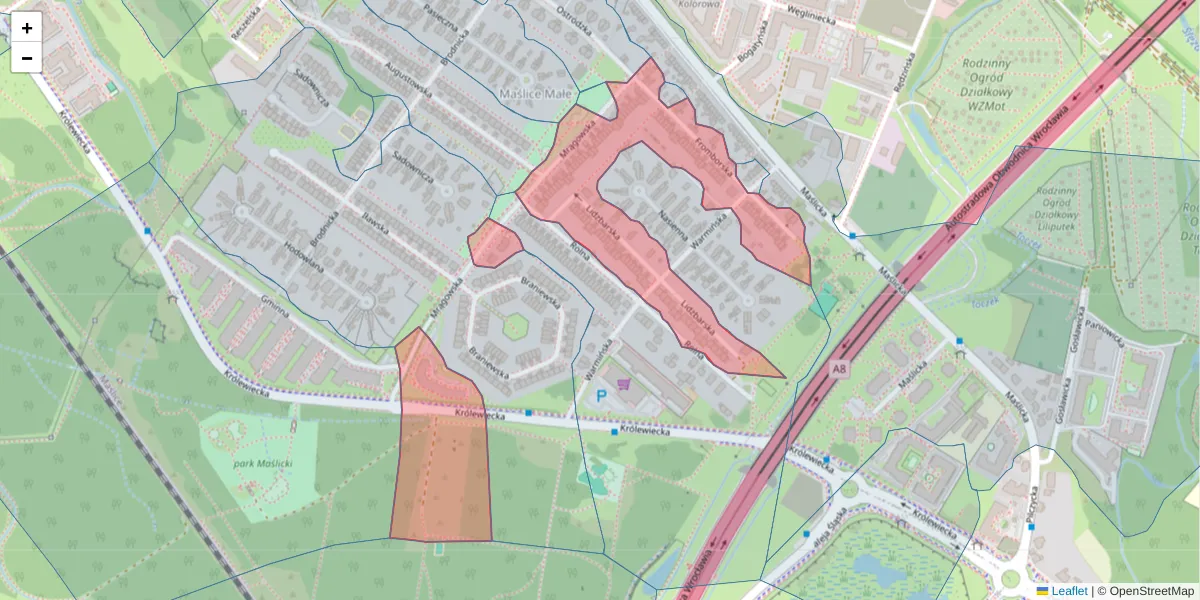 Szczegółowa mapa kodu pocztowego 54-111 z granicami, sąsiednimi kodami pocztowymi i urzędami pocztowymi