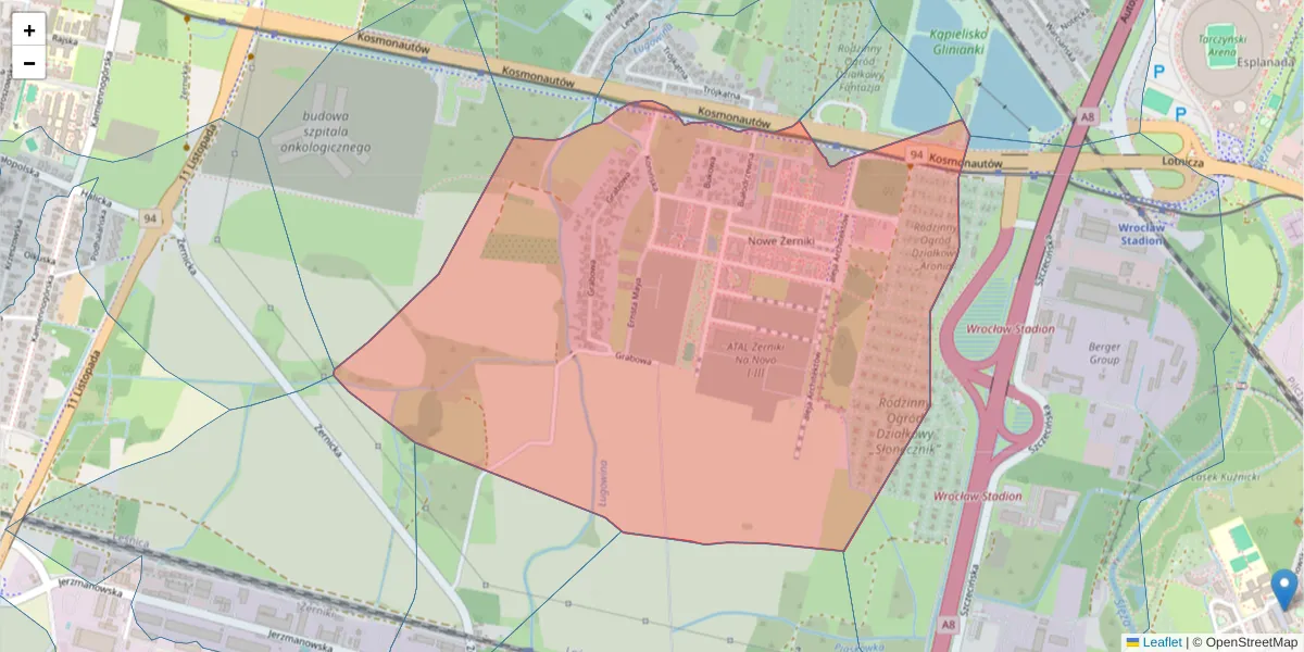 Szczegółowa mapa kodu pocztowego 54-115 z granicami, sąsiednimi kodami pocztowymi i urzędami pocztowymi