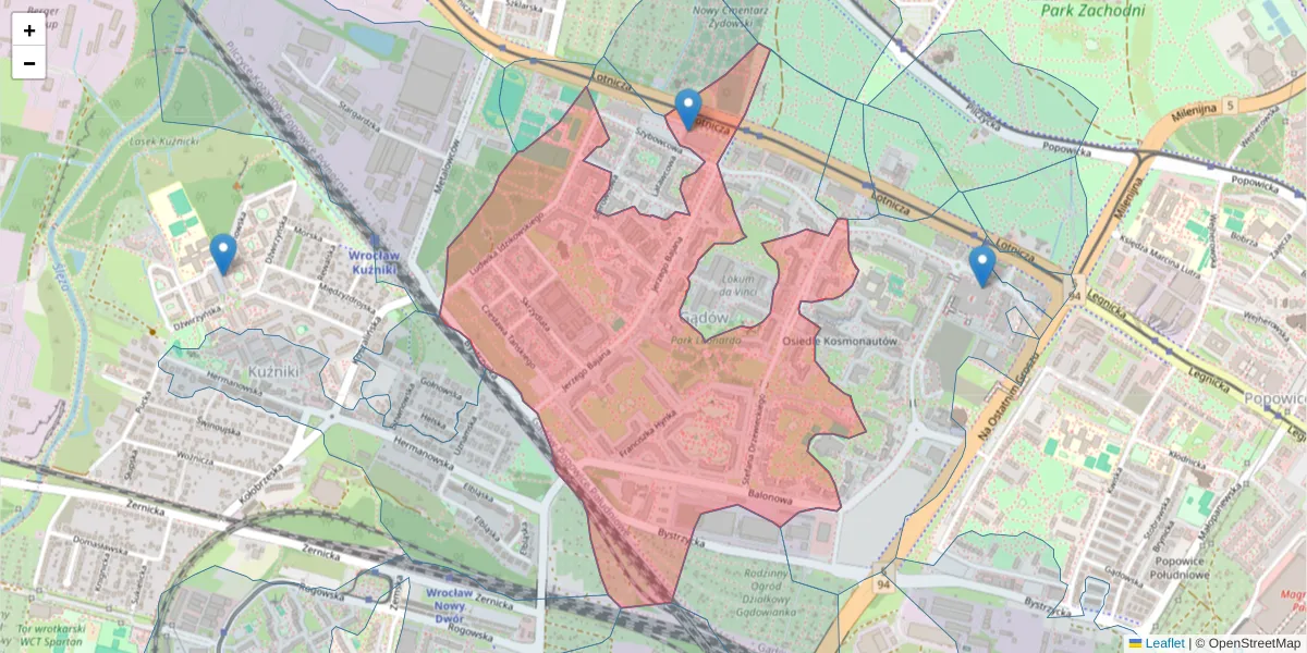 Szczegółowa mapa kodu pocztowego 54-129 z granicami, sąsiednimi kodami pocztowymi i urzędami pocztowymi