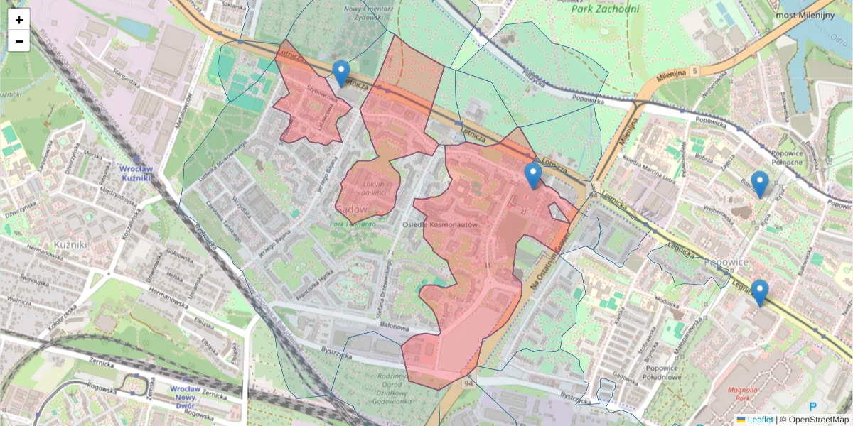 Szczegółowa mapa kodu pocztowego 54-130 z granicami, sąsiednimi kodami pocztowymi i urzędami pocztowymi