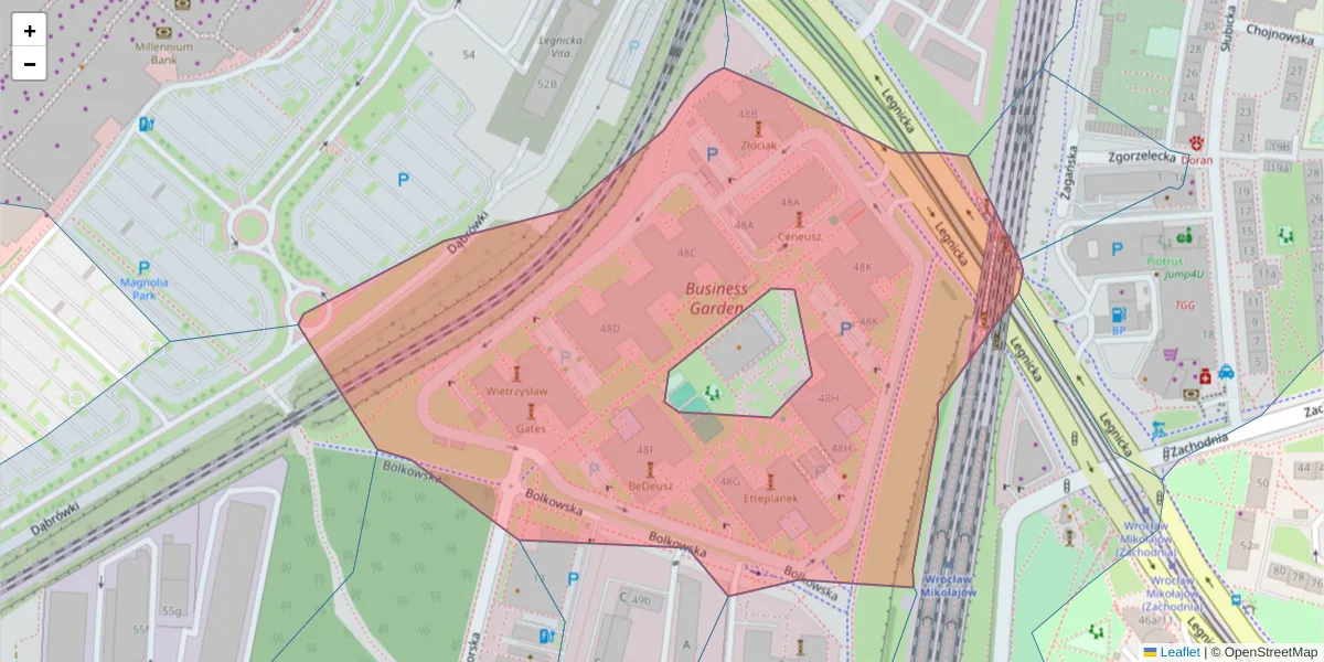 Szczegółowa mapa kodu pocztowego 54-202 z granicami, sąsiednimi kodami pocztowymi i urzędami pocztowymi