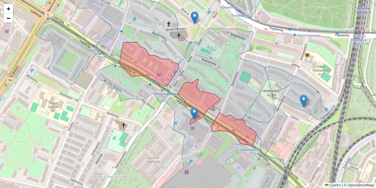 Szczegółowa mapa kodu pocztowego 54-203 z granicami, sąsiednimi kodami pocztowymi i urzędami pocztowymi