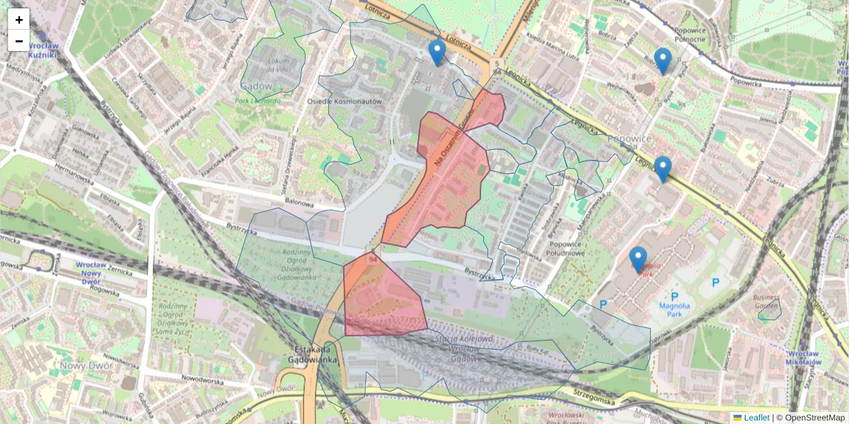 Szczegółowa mapa kodu pocztowego 54-207 z granicami, sąsiednimi kodami pocztowymi i urzędami pocztowymi
