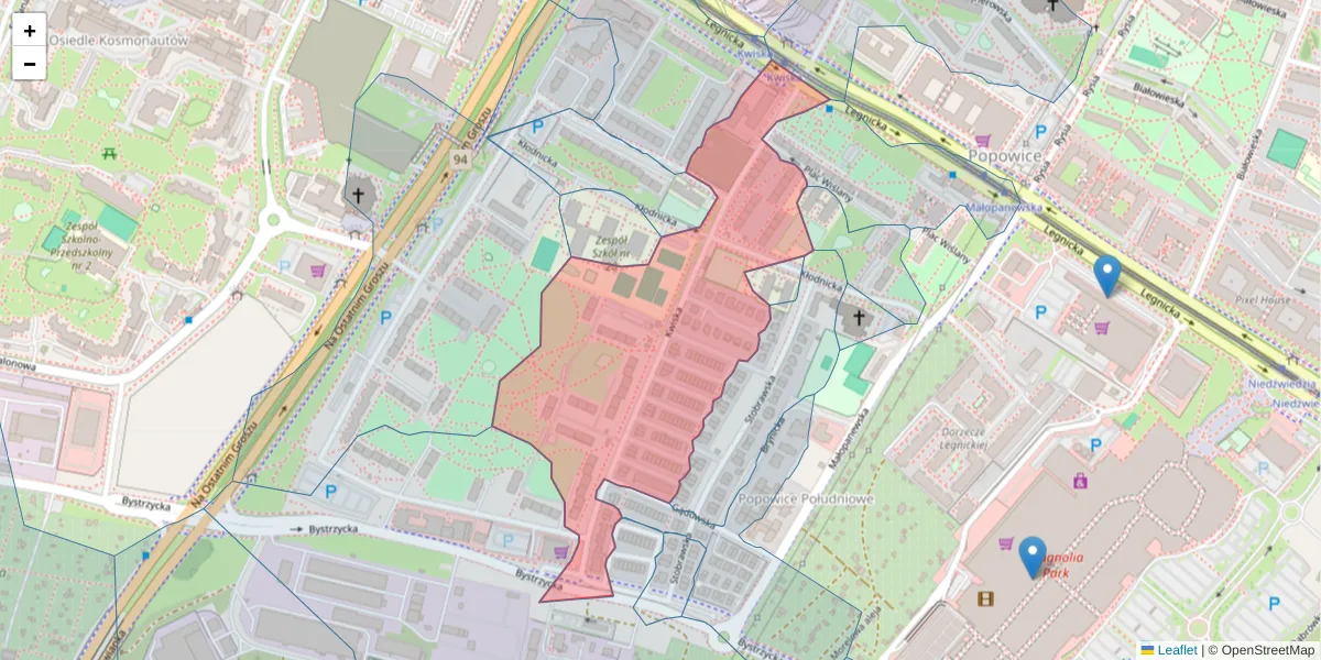 Szczegółowa mapa kodu pocztowego 54-210 z granicami, sąsiednimi kodami pocztowymi i urzędami pocztowymi