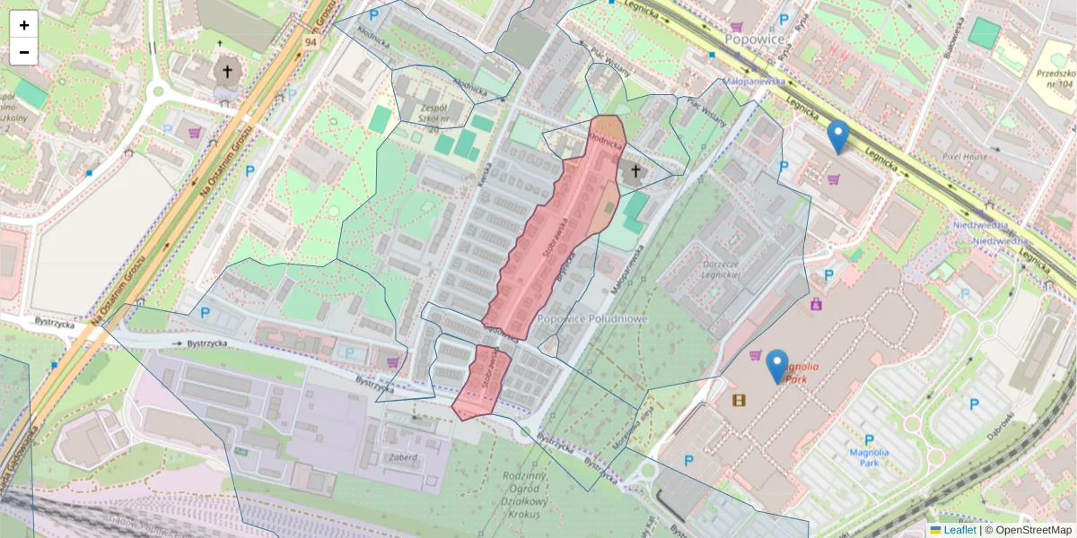 Szczegółowa mapa kodu pocztowego 54-211 z granicami, sąsiednimi kodami pocztowymi i urzędami pocztowymi