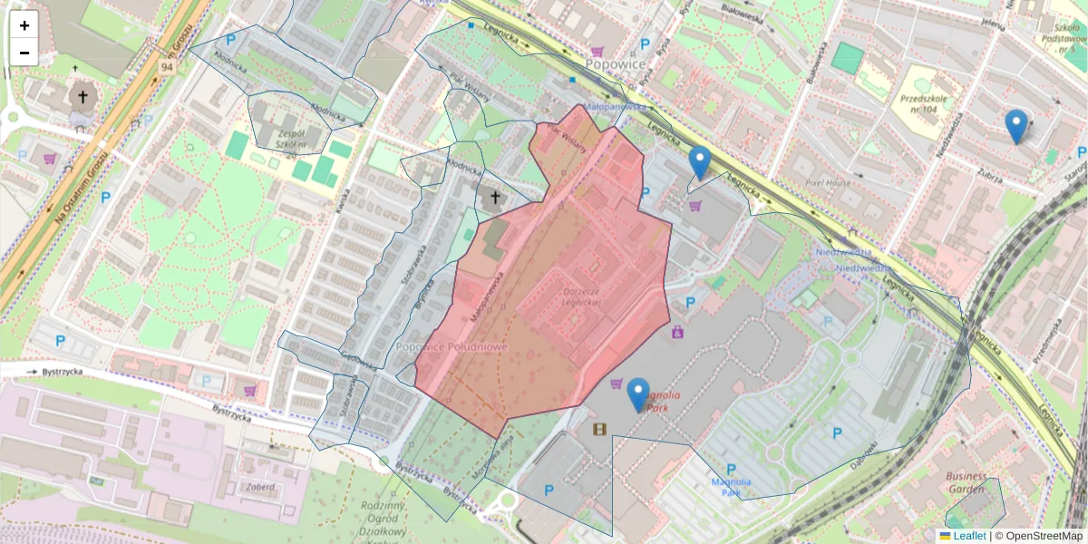 Szczegółowa mapa kodu pocztowego 54-212 z granicami, sąsiednimi kodami pocztowymi i urzędami pocztowymi