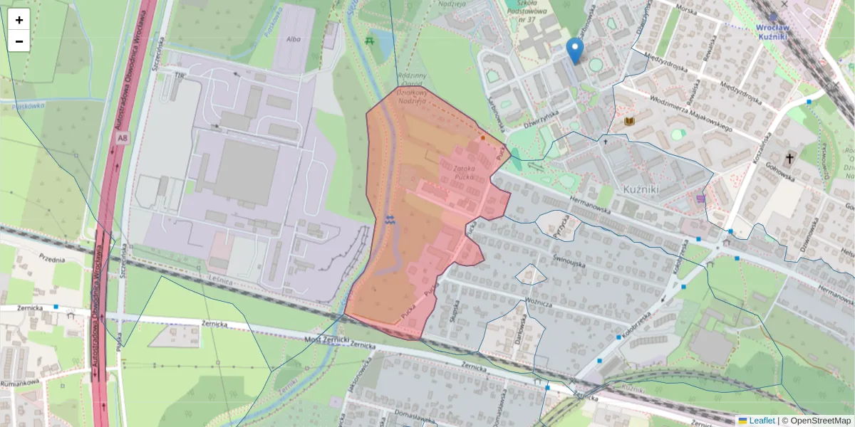 Szczegółowa mapa kodu pocztowego 54-312 z granicami, sąsiednimi kodami pocztowymi i urzędami pocztowymi