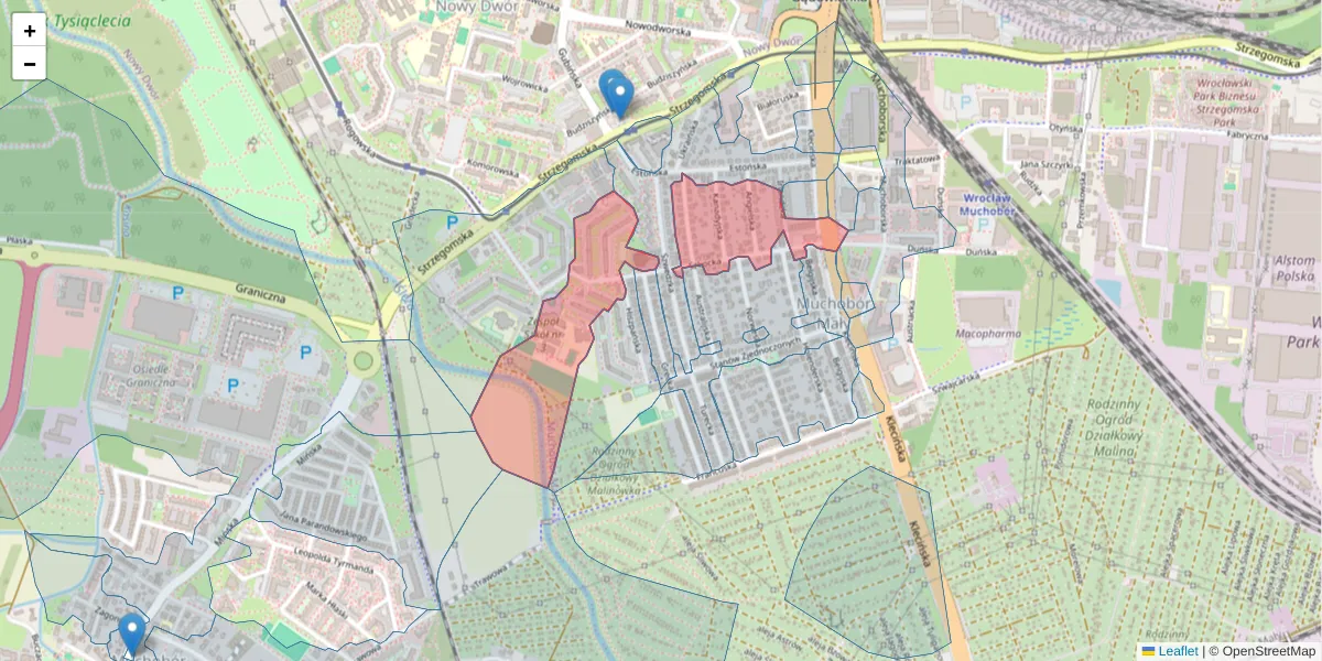 Szczegółowa mapa kodu pocztowego 54-402 z granicami, sąsiednimi kodami pocztowymi i urzędami pocztowymi