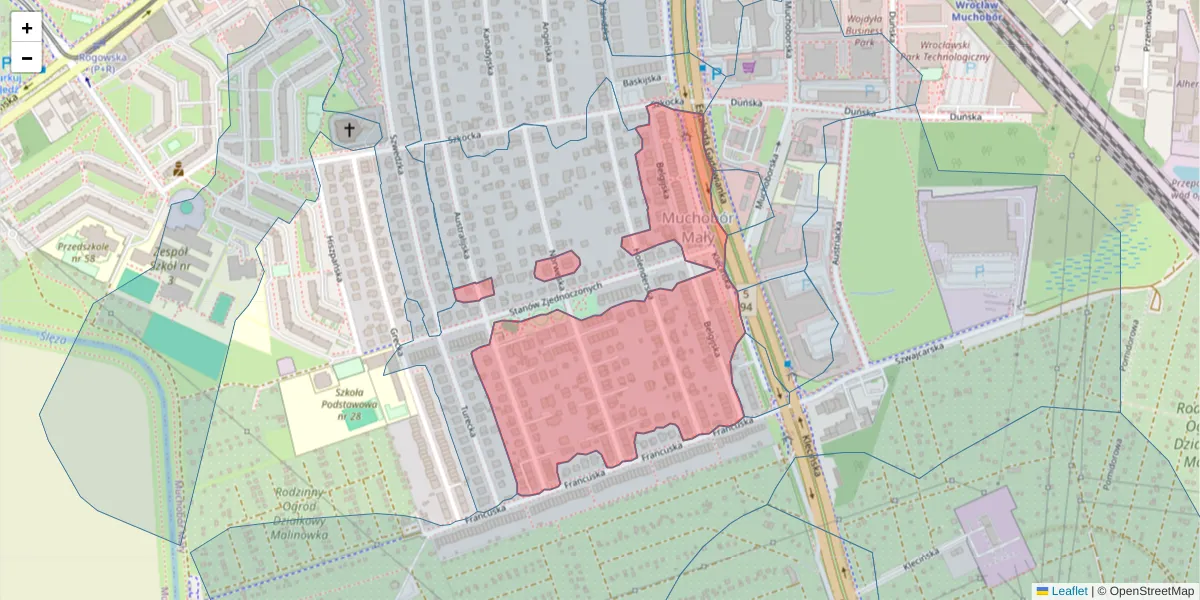 Szczegółowa mapa kodu pocztowego 54-404 z granicami, sąsiednimi kodami pocztowymi i urzędami pocztowymi