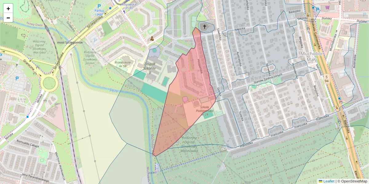 Szczegółowa mapa kodu pocztowego 54-409 z granicami, sąsiednimi kodami pocztowymi i urzędami pocztowymi