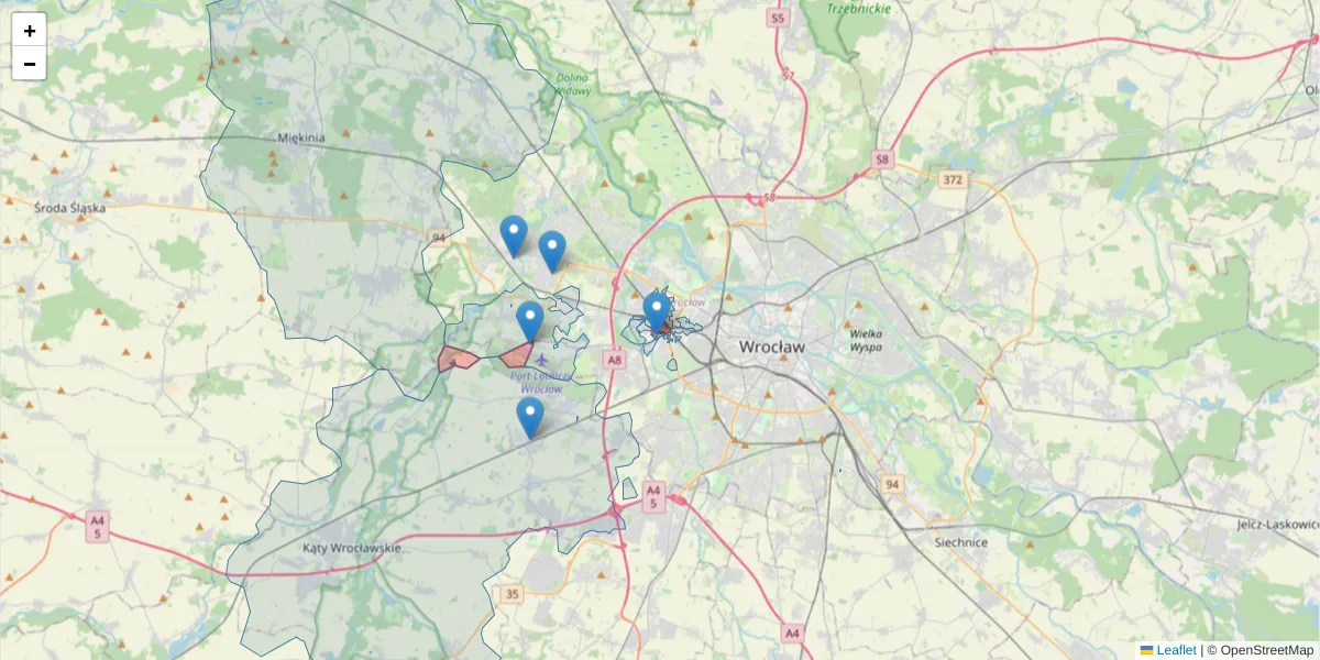 Szczegółowa mapa kodu pocztowego 54-433 z granicami, sąsiednimi kodami pocztowymi i urzędami pocztowymi