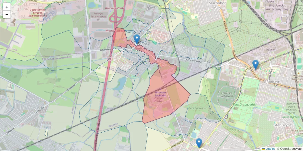 Szczegółowa mapa kodu pocztowego 54-611 z granicami, sąsiednimi kodami pocztowymi i urzędami pocztowymi