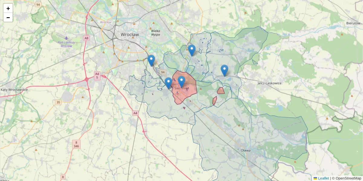Szczegółowa mapa kodu pocztowego 55-011 z granicami, sąsiednimi kodami pocztowymi i urzędami pocztowymi