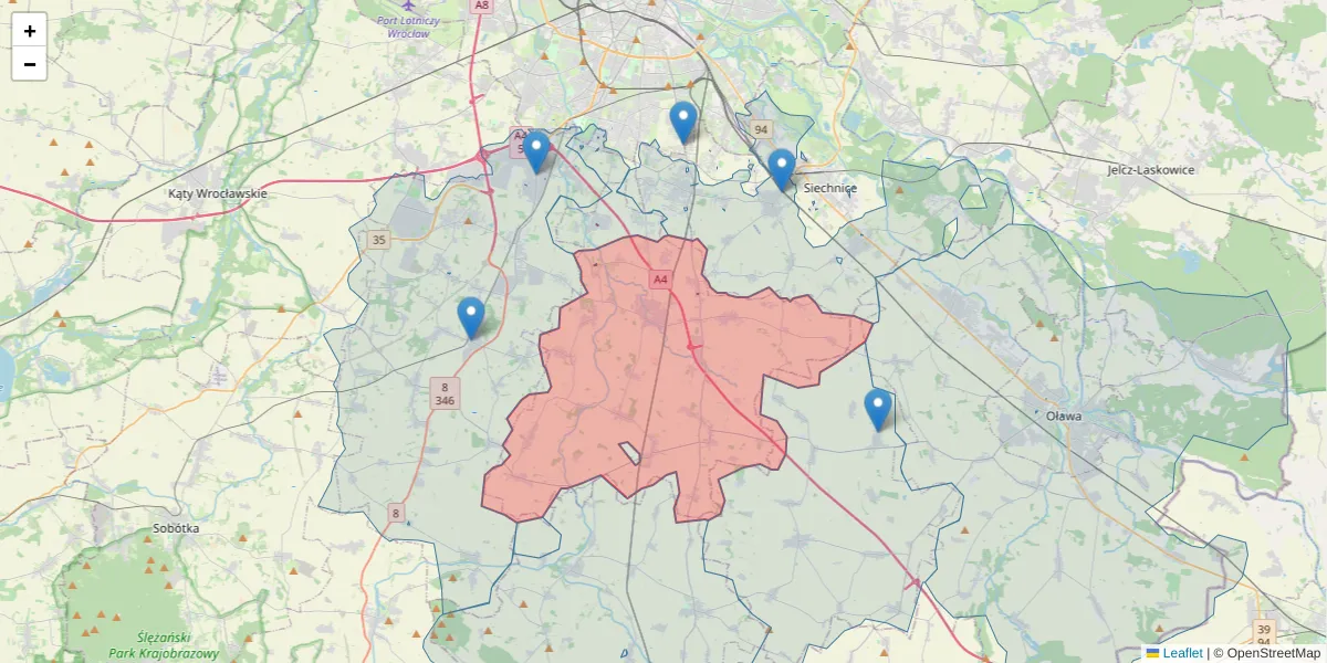 Szczegółowa mapa kodu pocztowego 55-020 z granicami, sąsiednimi kodami pocztowymi i urzędami pocztowymi