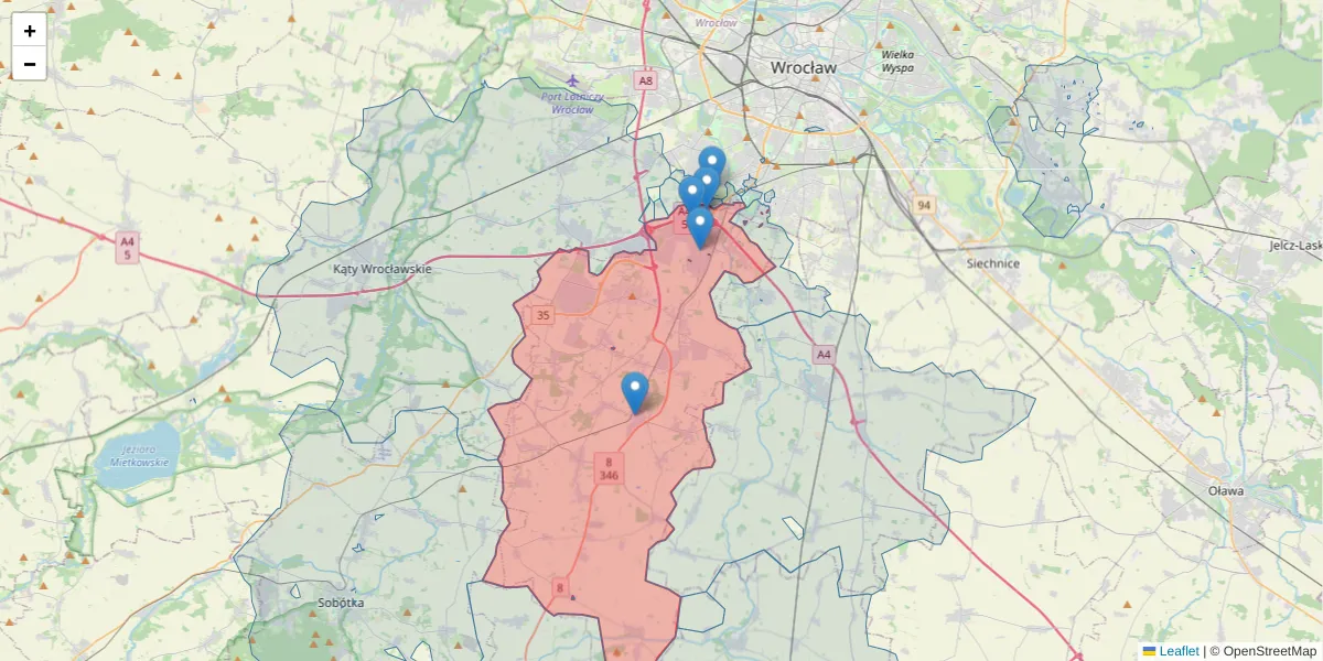 Szczegółowa mapa kodu pocztowego 55-040 z granicami, sąsiednimi kodami pocztowymi i urzędami pocztowymi