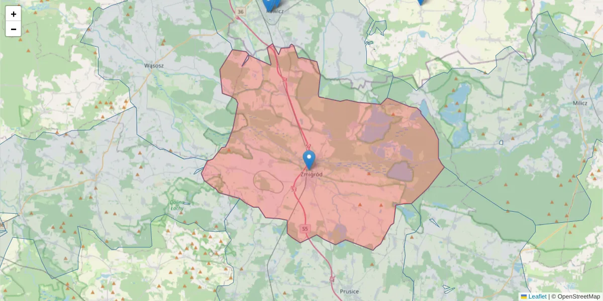 Szczegółowa mapa kodu pocztowego 55-140 z granicami, sąsiednimi kodami pocztowymi i urzędami pocztowymi
