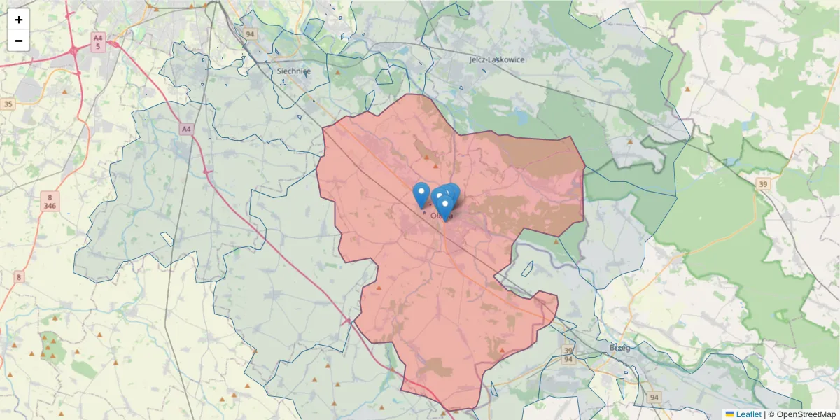 Szczegółowa mapa kodu pocztowego 55-200 z granicami, sąsiednimi kodami pocztowymi i urzędami pocztowymi