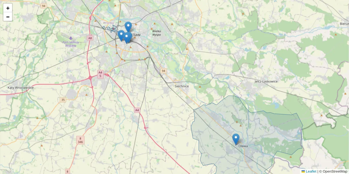 Szczegółowa mapa kodu pocztowego 55-204 z granicami, sąsiednimi kodami pocztowymi i urzędami pocztowymi