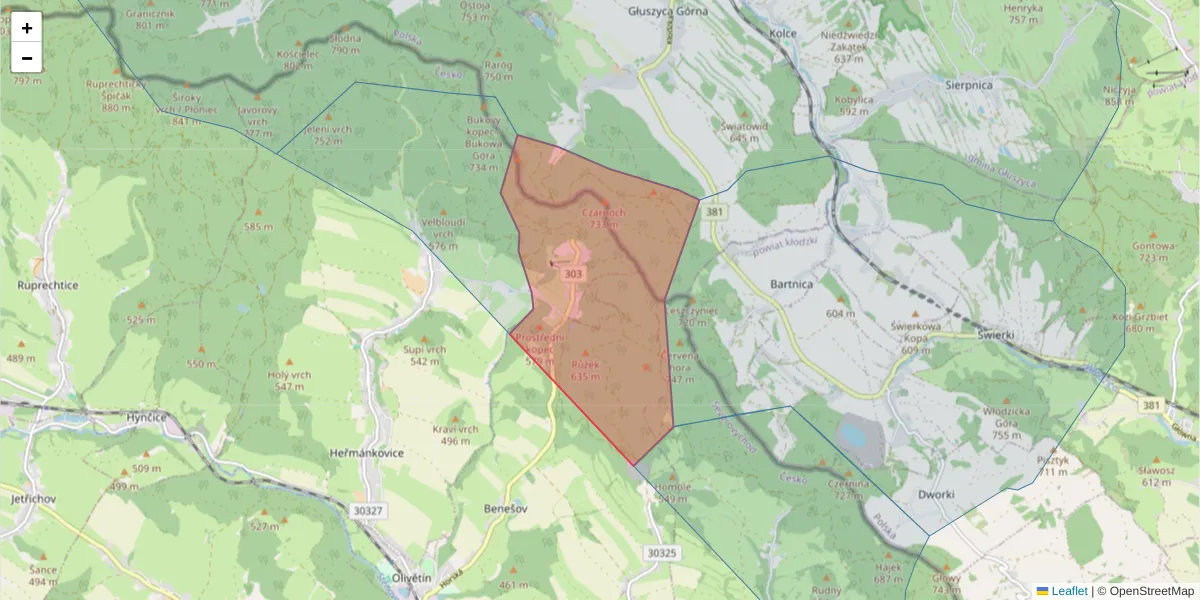 Szczegółowa mapa kodu pocztowego 55001 z granicami, sąsiednimi kodami pocztowymi i urzędami pocztowymi