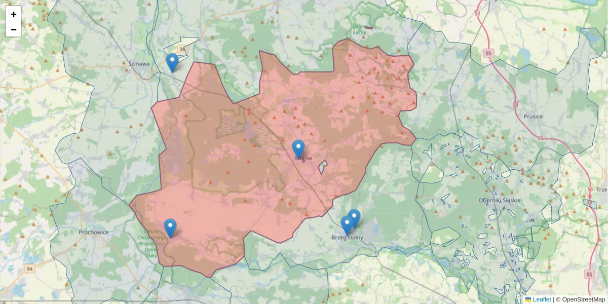 Szczegółowa mapa kodu pocztowego 56-100 z granicami, sąsiednimi kodami pocztowymi i urzędami pocztowymi