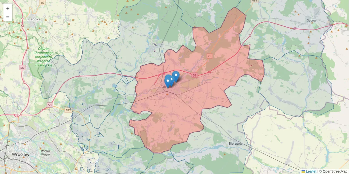 Szczegółowa mapa kodu pocztowego 56-400 z granicami, sąsiednimi kodami pocztowymi i urzędami pocztowymi