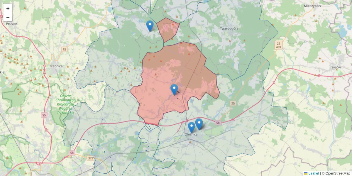 Szczegółowa mapa kodu pocztowego 56-410 z granicami, sąsiednimi kodami pocztowymi i urzędami pocztowymi