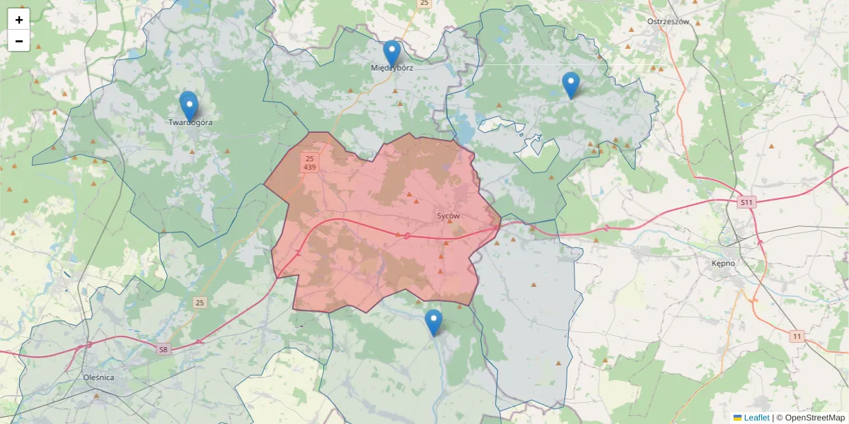 Szczegółowa mapa kodu pocztowego 56-500 z granicami, sąsiednimi kodami pocztowymi i urzędami pocztowymi
