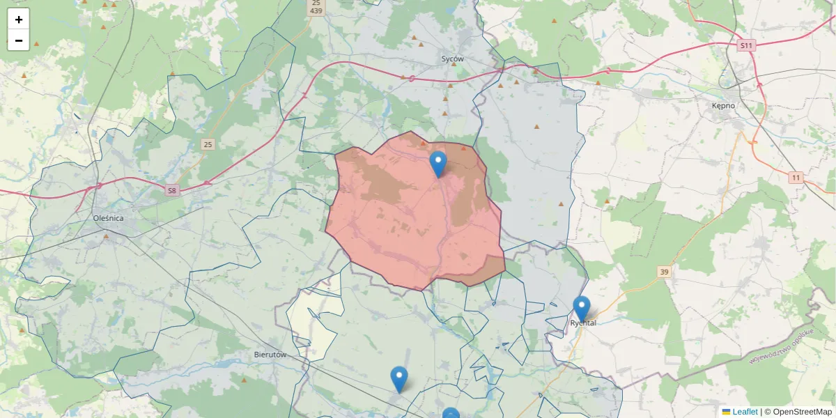 Szczegółowa mapa kodu pocztowego 56-504 z granicami, sąsiednimi kodami pocztowymi i urzędami pocztowymi
