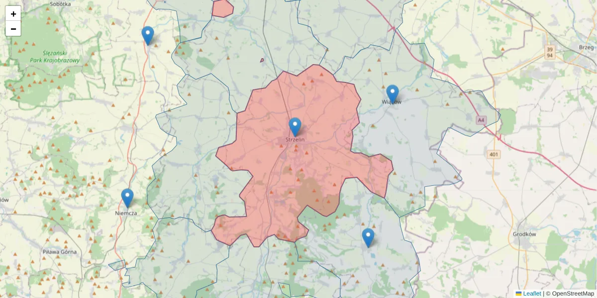 Szczegółowa mapa kodu pocztowego 57-100 z granicami, sąsiednimi kodami pocztowymi i urzędami pocztowymi