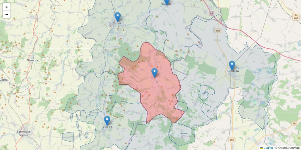 Szczegółowa mapa kodu pocztowego 57-130 z granicami, sąsiednimi kodami pocztowymi i urzędami pocztowymi
