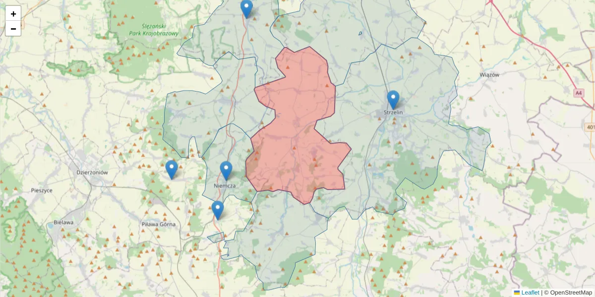 Szczegółowa mapa kodu pocztowego 57-150 z granicami, sąsiednimi kodami pocztowymi i urzędami pocztowymi