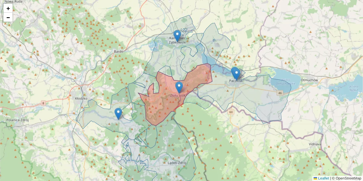 Szczegółowa mapa kodu pocztowego 57-250 z granicami, sąsiednimi kodami pocztowymi i urzędami pocztowymi