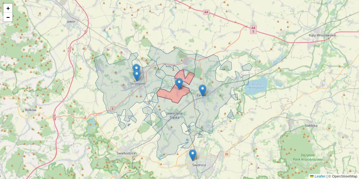 Szczegółowa mapa kodu pocztowego 58-115 z granicami, sąsiednimi kodami pocztowymi i urzędami pocztowymi