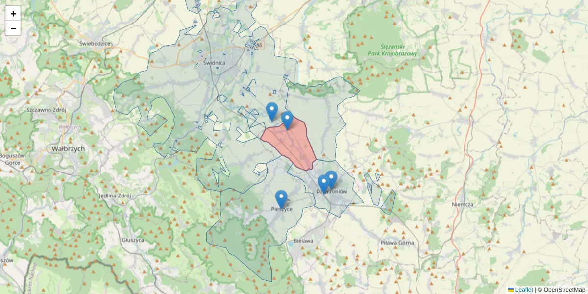 Szczegółowa mapa kodu pocztowego 58-116 z granicami, sąsiednimi kodami pocztowymi i urzędami pocztowymi