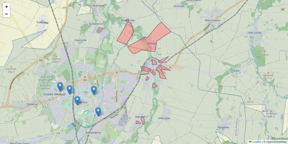 Szczegółowa mapa kodu pocztowego 58-125 z granicami, sąsiednimi kodami pocztowymi i urzędami pocztowymi