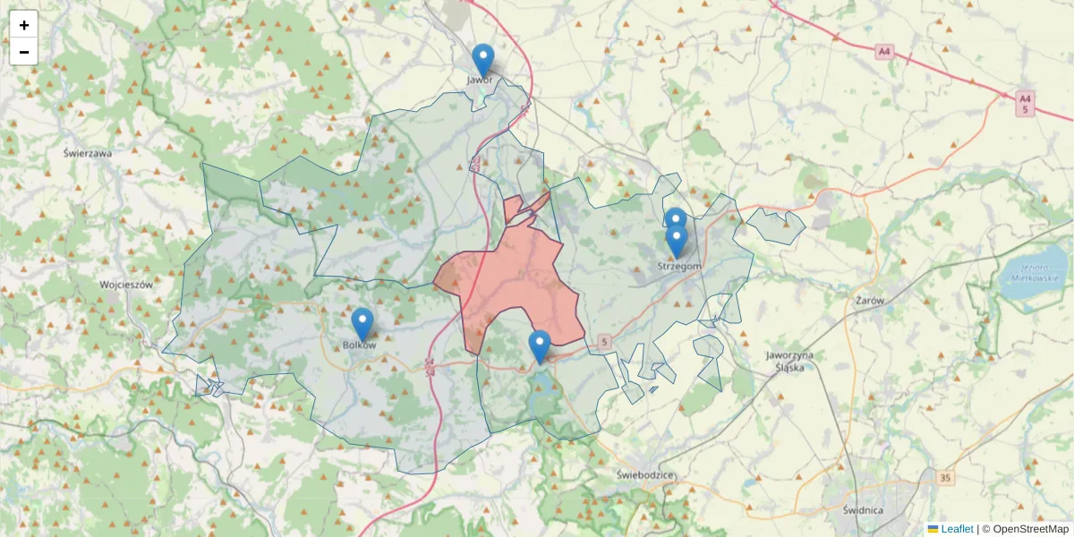 Szczegółowa mapa kodu pocztowego 58-173 z granicami, sąsiednimi kodami pocztowymi i urzędami pocztowymi