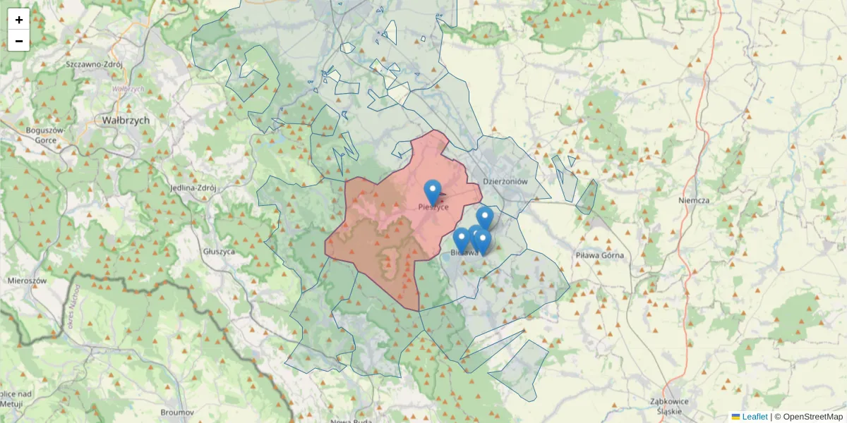 Szczegółowa mapa kodu pocztowego 58-250 z granicami, sąsiednimi kodami pocztowymi i urzędami pocztowymi