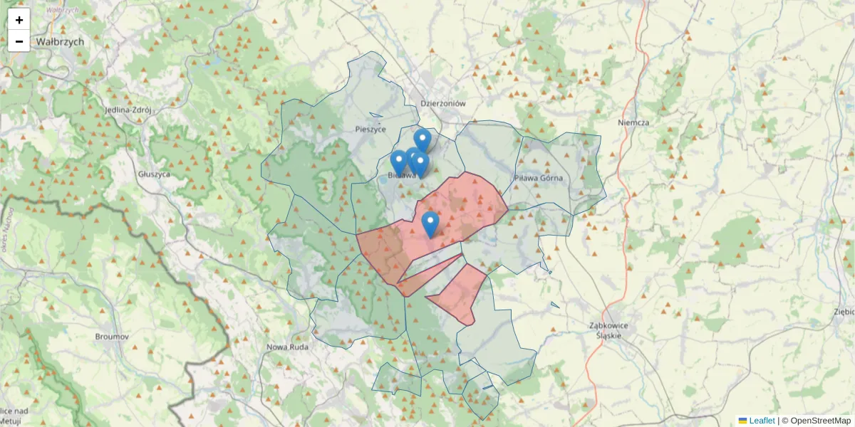 Szczegółowa mapa kodu pocztowego 58-262 z granicami, sąsiednimi kodami pocztowymi i urzędami pocztowymi