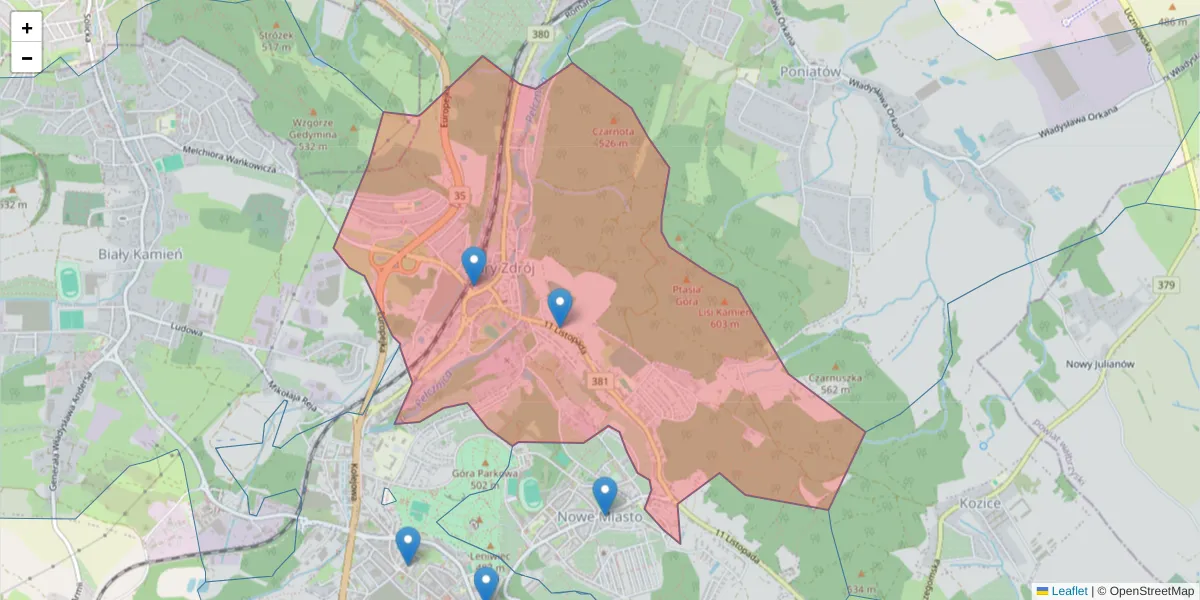 Szczegółowa mapa kodu pocztowego 58-302 z granicami, sąsiednimi kodami pocztowymi i urzędami pocztowymi